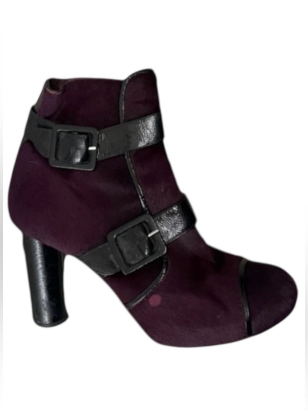 Sonia Rykiel Purple Fur Boots Women’s 8.5 Leather Buckle Block Heel